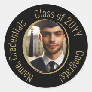 Adesivo Redondo Foto de Graduação de Parabéns Elegante em Preto e