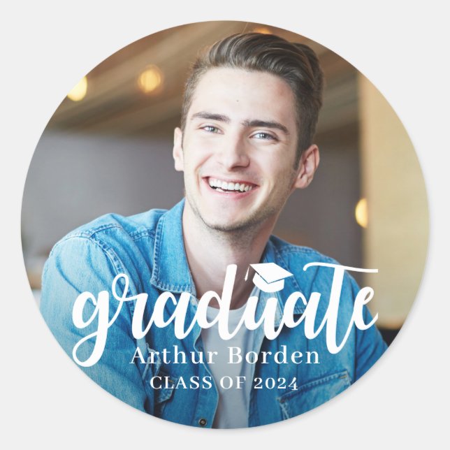 Adesivo Redondo Foto de Graduação de Script Branco Moderno (Frente)