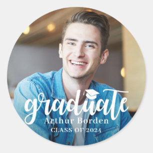 Adesivo Redondo Foto de Graduação de Script Branco Moderno