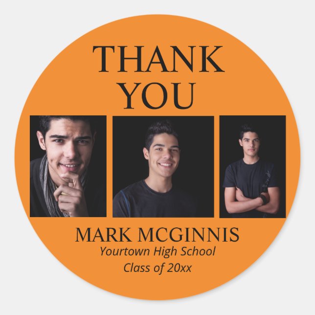 Adesivo Redondo Foto de Graduação Orange Black Classe 2025 (Frente)