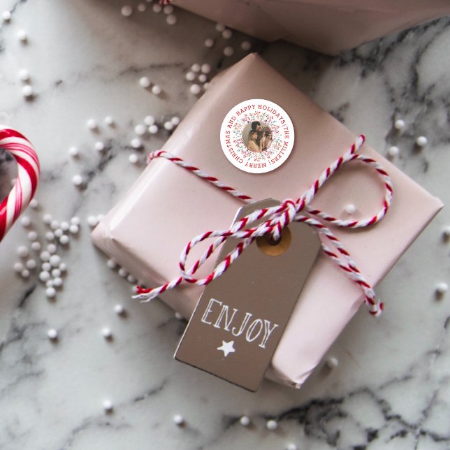 Adesivo Redondo Foto de Natal do Berry, Folha Vermelha Feliz Feria (Criador carregado)