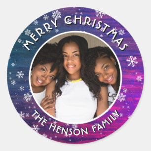 Adesivo Redondo Foto de Natal do Floco de Neve Russo de Madeira Ro