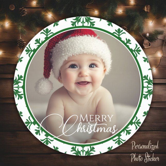 Adesivo Redondo Foto De Natal Verde E Branca (Green And White Merry Christmas Photo Classic Round Sticker)