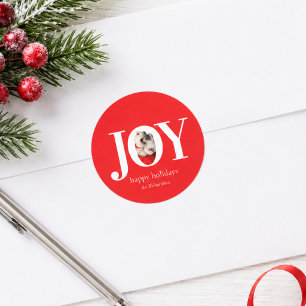 Adesivo Redondo Foto de Natal Vermelho de Pet Personalizada JOY