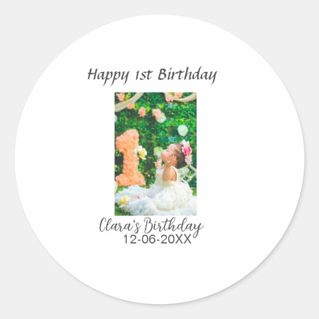 Adesivo Redondo Foto de primeiro aniversario feliz simples e elega (Frente)