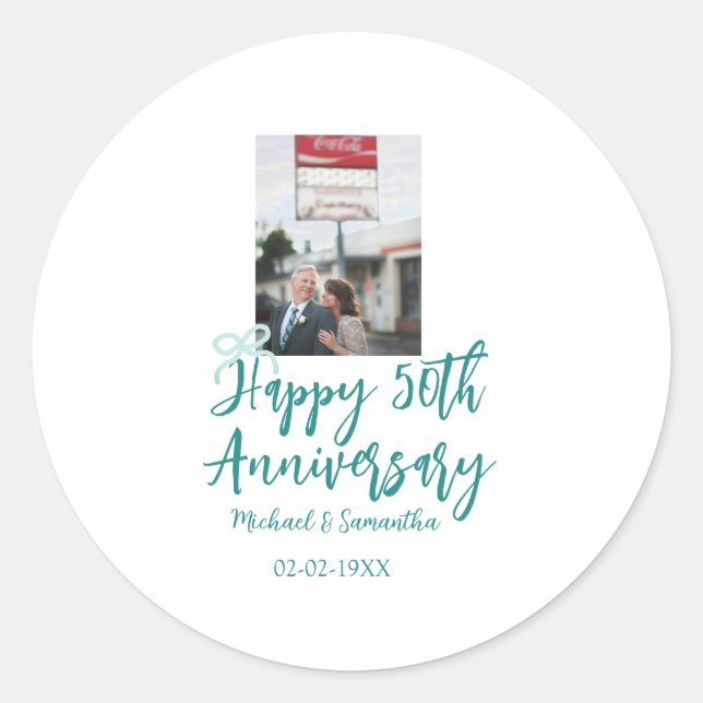 Adesivo Redondo Foto do 50º aniversário com laço turquesa nome da (Frente)