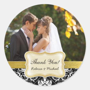 Adesivo Redondo Foto do Casamento tema damasco preto e branco Obri