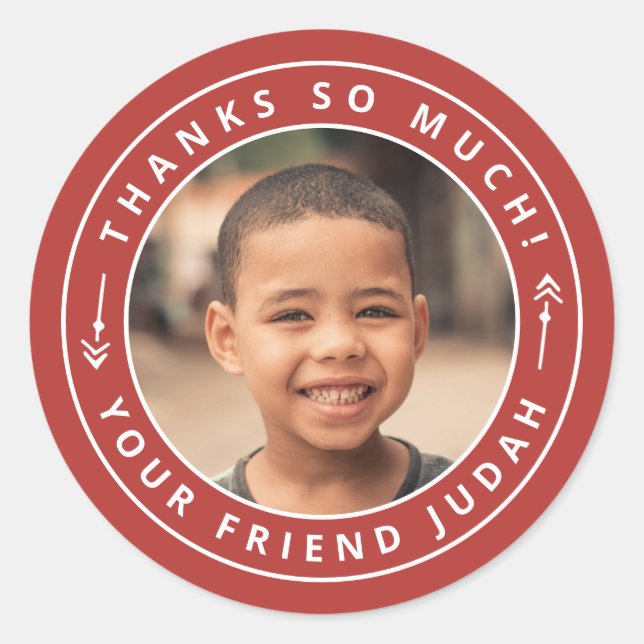 Adesivo Redondo Foto do Círculo de Setas Simples Obrigado Nome Ver (Frente)