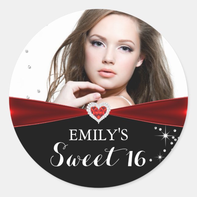 Adesivo Redondo Foto do Coração Vermelho Sparkle Doce Dezesseis Ad (Frente)
