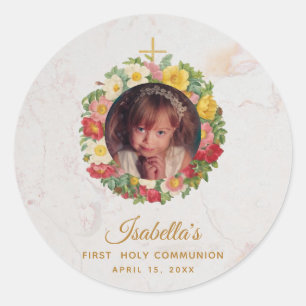 Adesivo Redondo Foto do mármore da primeira comunhão em Rosa Wreat
