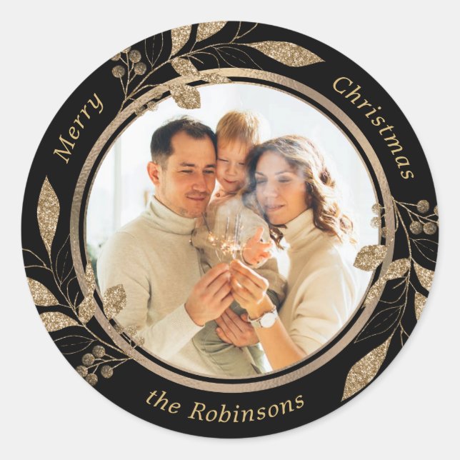Adesivo Redondo Foto Dourada da família Foliage Natal Preto (Frente)