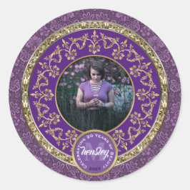 Adesivo Redondo Foto Dourado Clássico Damask Comemorativo Roxo