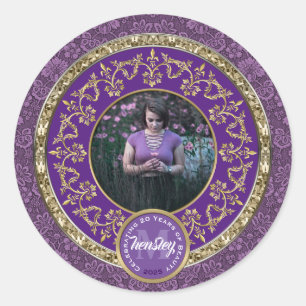 Adesivo Redondo Foto Dourado Clássico Damask Comemorativo Roxo