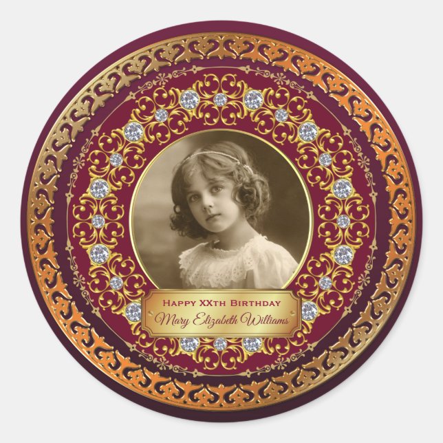 Adesivo Redondo Foto: Dourado Copper Comemorativo Diamantes Burgun (Frente)