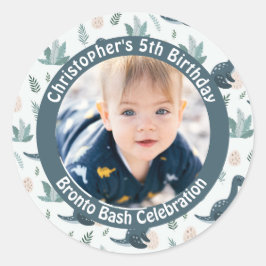 Adesivo Redondo Foto e nome personalizados do dinossauro verde-azu