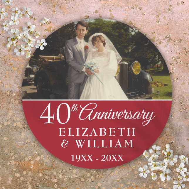 Adesivo Redondo Foto Elegante Ruby do 40º aniversário de casamento (40th Wedding Anniversary Photo Elegant Ruby Classic Round Sticker)