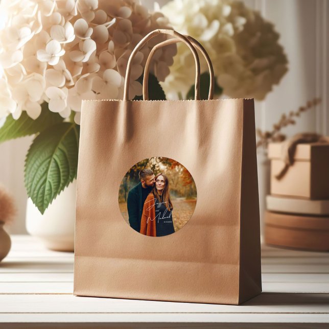 Adesivo Redondo Foto Elegante Script Boho Wedding (Criador carregado)