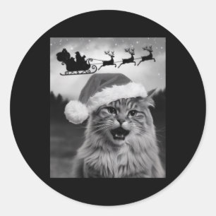Adesivo Redondo Foto Engraçada de Gato com Papai Noel Trenó de Nat