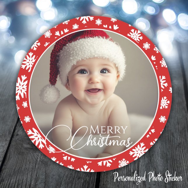 Adesivo Redondo Foto Feliz De Natal Vermelho E Branco (Red And White Snowflake Merry Christmas Photo Classic Round Sticker)