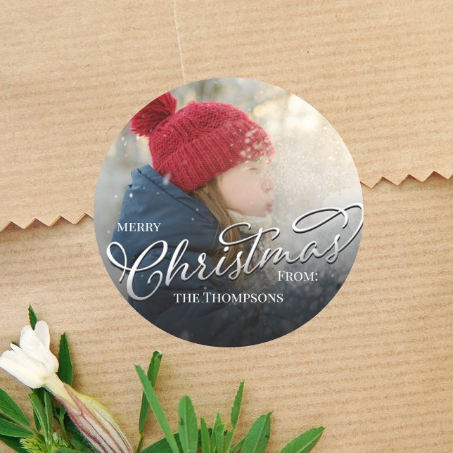 Adesivo Redondo Foto Feliz Natal - Script de Caligrafia Silver (Merry Christmas simple holiday custom photo round circle sticker template. )