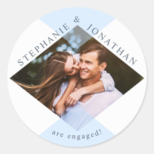 Adesivo Redondo Foto Geométrica de Casamento Moderno Azul e Branco (Frente)