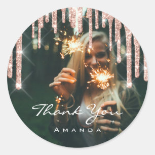 Adesivo Redondo Foto Obrigado Nome Favor de Casamento Rosa Glitter
