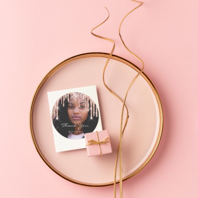 Adesivo Redondo Foto Obrigado Nome Favor de Casamento Rosa Glitter (Criador carregado)