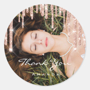 Adesivo Redondo Foto Obrigado Nome Favor de Casamento Rosa Glitter