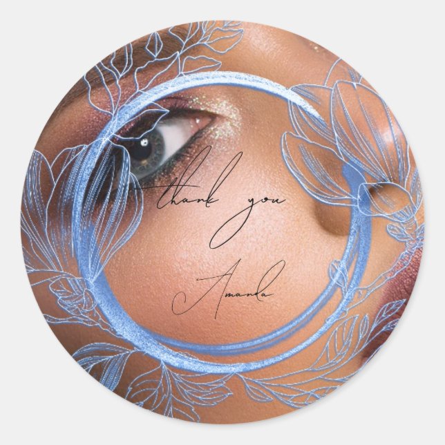 Adesivo Redondo Foto Obrigado Nome Magnolia Floral Elegante Azul (Frente)