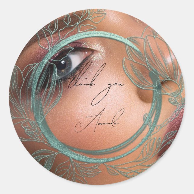 Adesivo Redondo Foto Obrigado Nome Magnolia Floral Frame Teal (Frente)