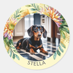 Adesivo Redondo Foto Personalizada de Cachorro Animal Floral Fofo