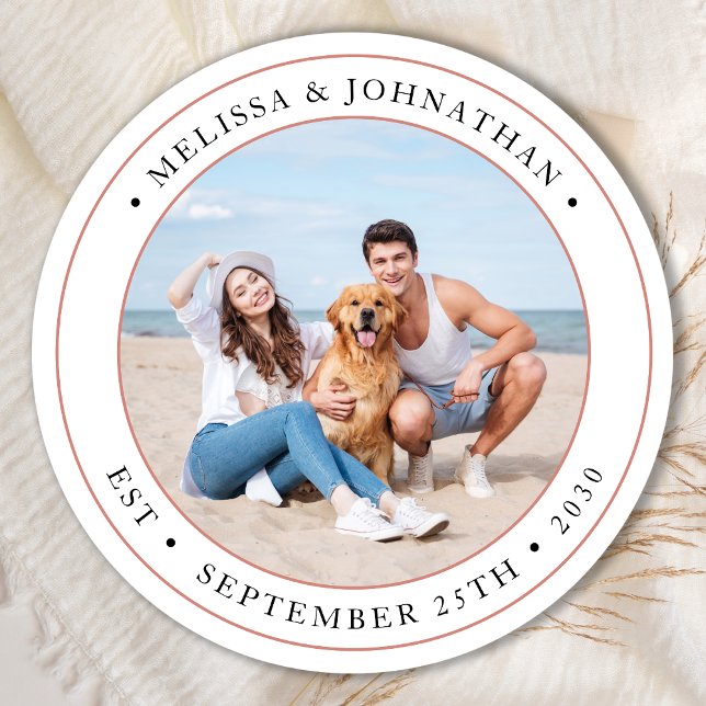 Adesivo Redondo Foto personalizada de casamento moderno (Criador carregado)