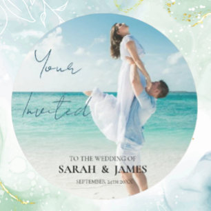 Adesivo Redondo Foto personalizada de casamento moderno de praia