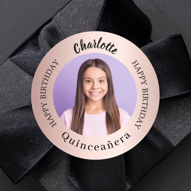 Adesivo Redondo Foto personalizada do rosa gold blush Quinceanera (Criador carregado)
