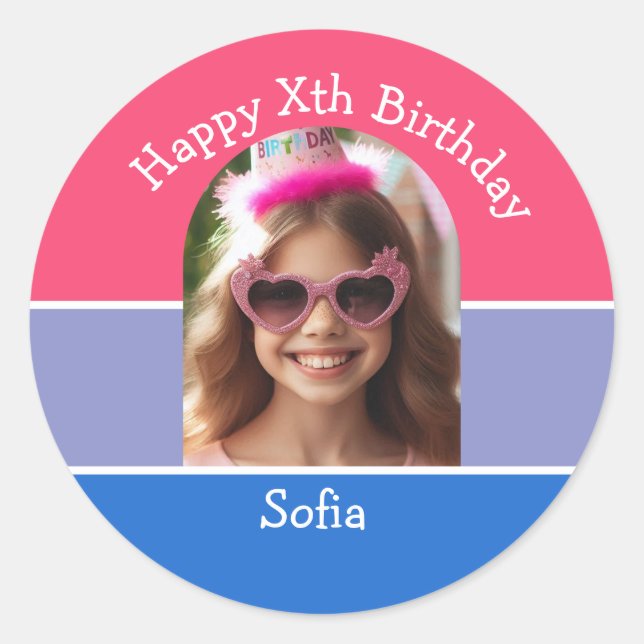 Adesivo Redondo Foto personalizada Feliz Aniversário Qualquer Idad (Frente)