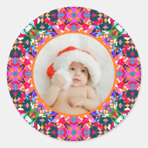 Adesivo Redondo Foto Personalizada Feliz Natal Moderno Colorido