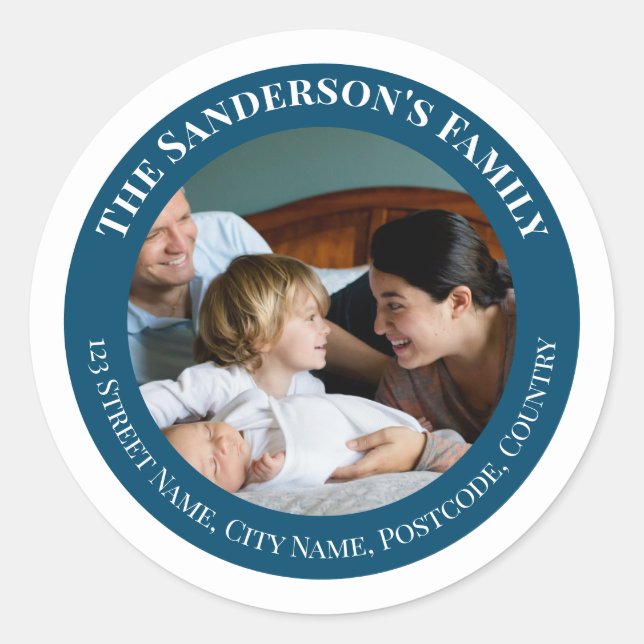 Adesivo Redondo Foto personalizada no círculo de turquesa com text (Frente)