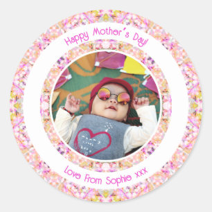 Adesivo Redondo Foto Personalizada Vibrante Rosa Feliz Verde Dia d