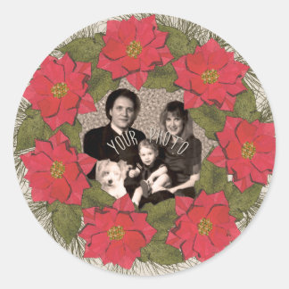 Adesivo Redondo Foto Personalizada Watercolor Poinsettia Wreath