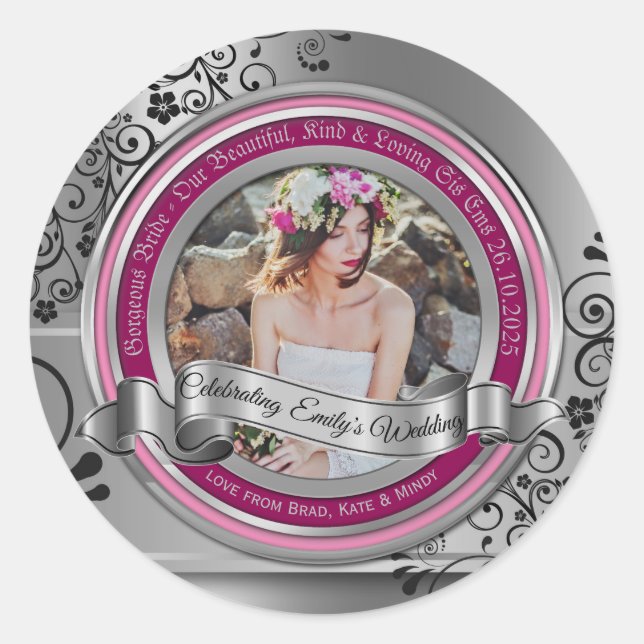 Adesivo Redondo Foto Prata Negra Floreada Banner Elegante Magenta (Frente)