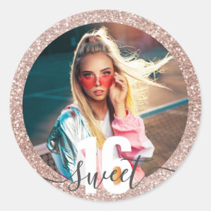 Adesivo Redondo Foto Rosa Brilhante Moderno Sweet 16 Birthdia