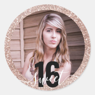 Adesivo Redondo Foto: Rosa Glitter Ombre Doce 16º Aniversário 