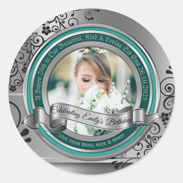 Adesivo Redondo Foto Silver Flourish Elegante Turquoise (Frente)