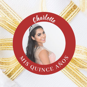 Adesivo Redondo Foto vermelha favorece Quinceanera Mis Quince Años
