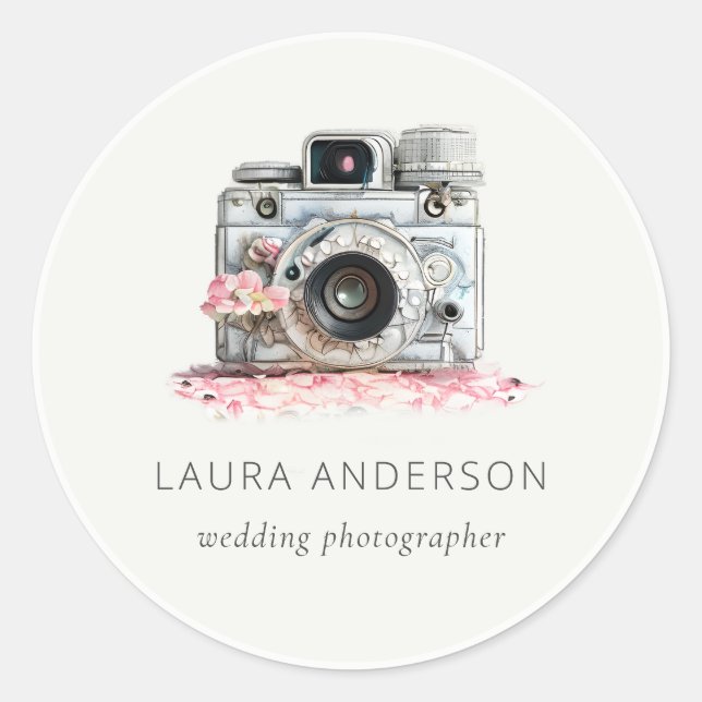 Adesivo Redondo Fotografia da câmera floral cor-de-rosa Elegante (Frente)