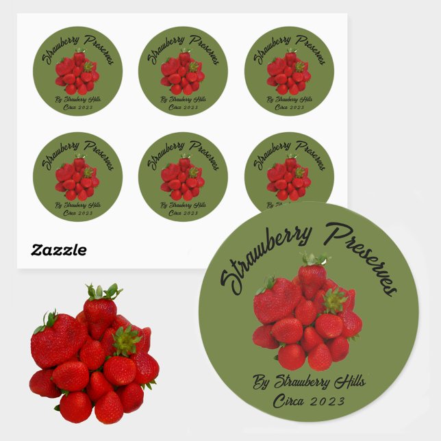 Adesivo Redondo Fotografia de Conserva de Morango Verde (Criador carregado)