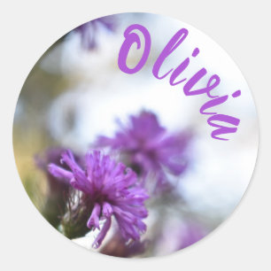 Adesivo Redondo Fotografia de Jardim Personalizado de Flor Roxo