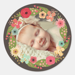 Adesivo Redondo Fotografias com Stickers Rustic Floral Wreath Baby
