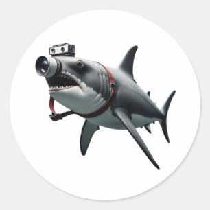 Adesivo Redondo Fotógrafo de Shark com Captura de Cabeça de Câmera