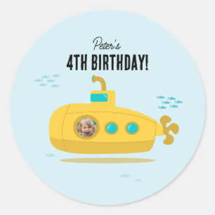 Adesivo Redondo Fotos de Aniversário de Crianças Submarino Fofo no